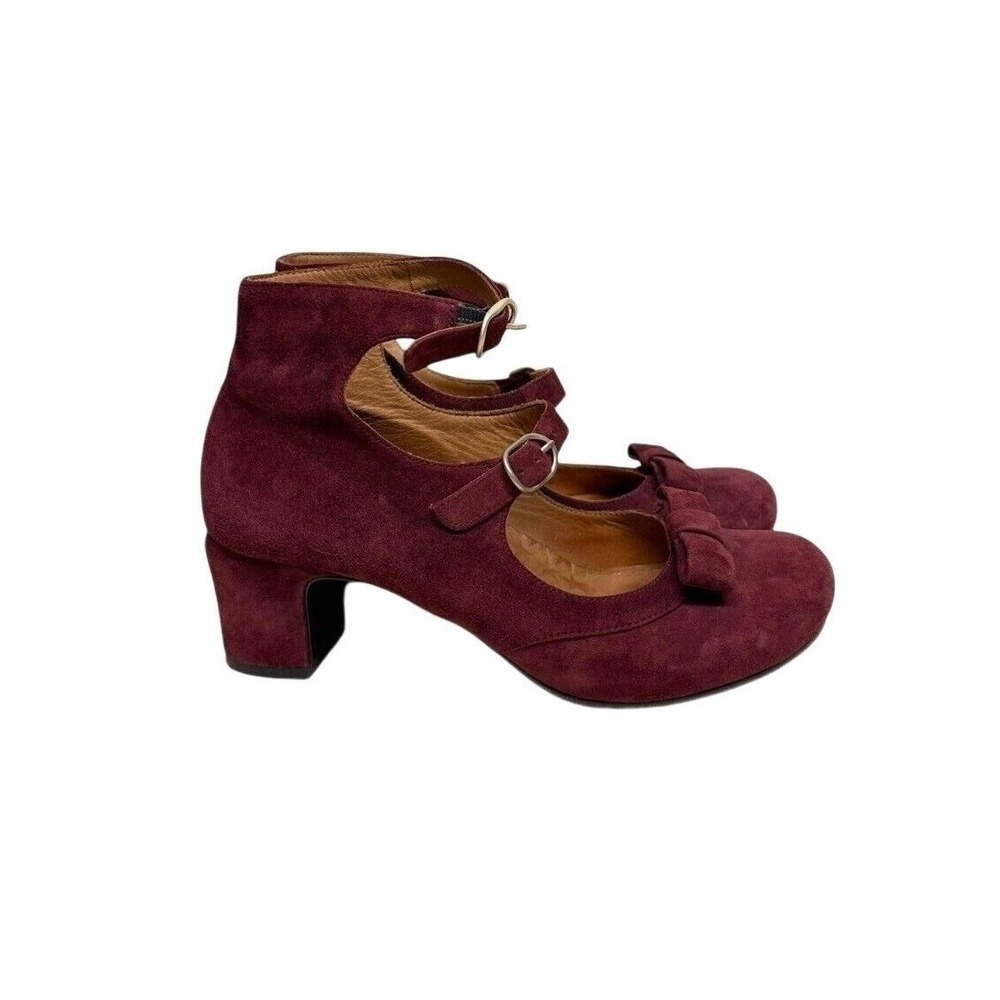 Chie Mihara Burgundy Suede Triple Strap Mary Jane Bow Block Heels 36 / US 5.5-6